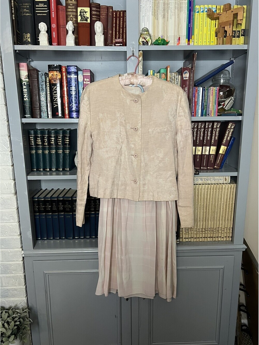 Vintage 80s Calvin Klein 100% Silk 3 Piece Set Top Skirt Jacket Pink White Plaid